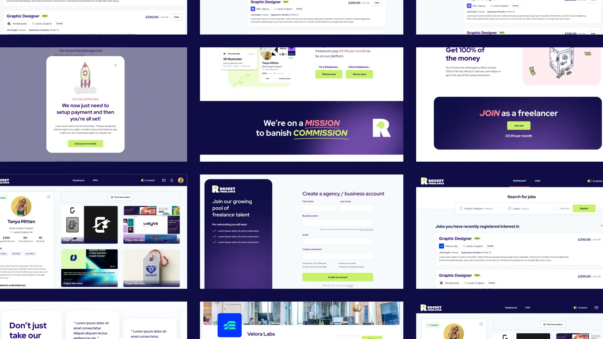 Overview of the Rocket Freelance website, dashboards and user journeys