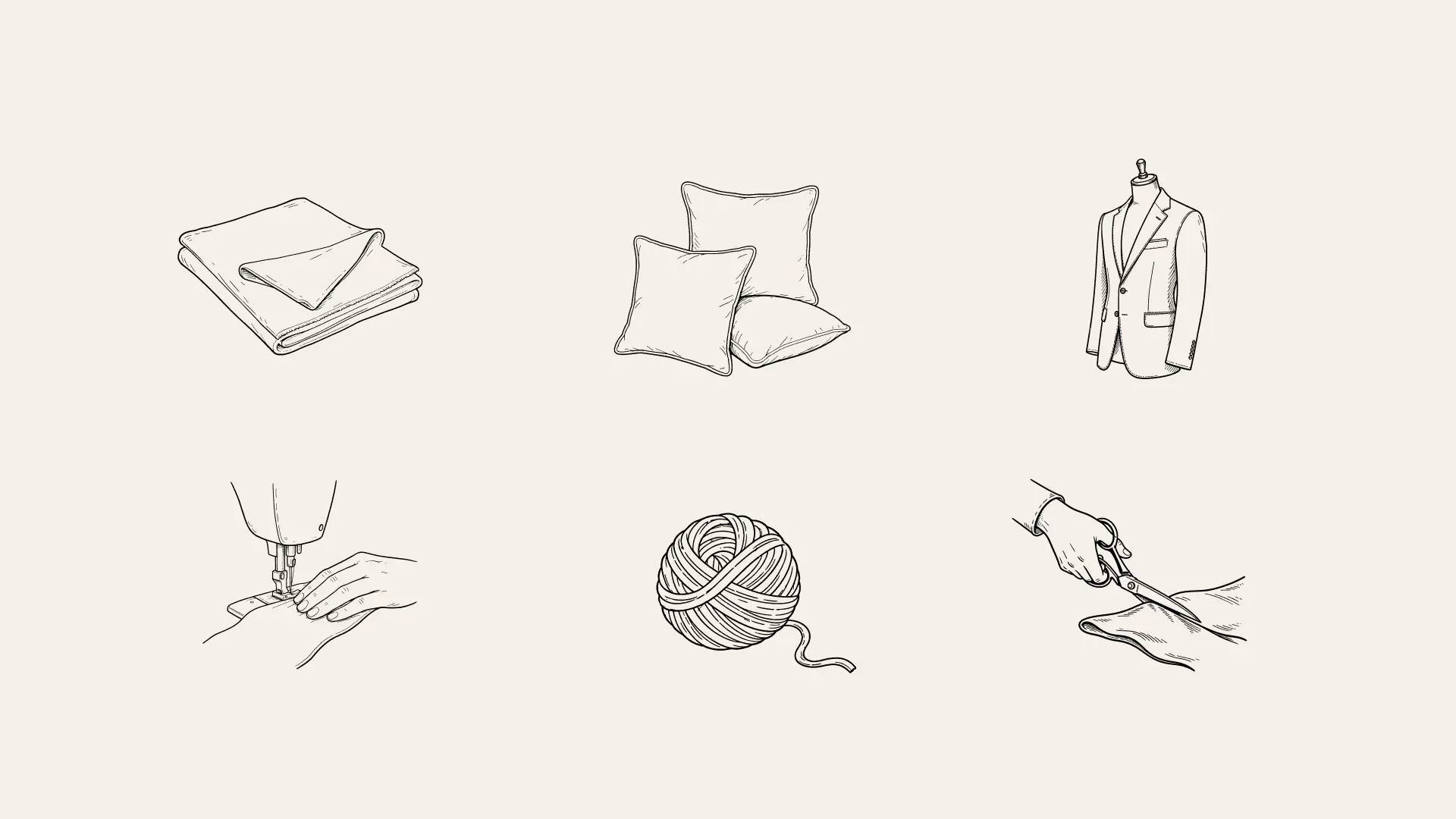 A set of line illustrations representing textiles and manufacturing
